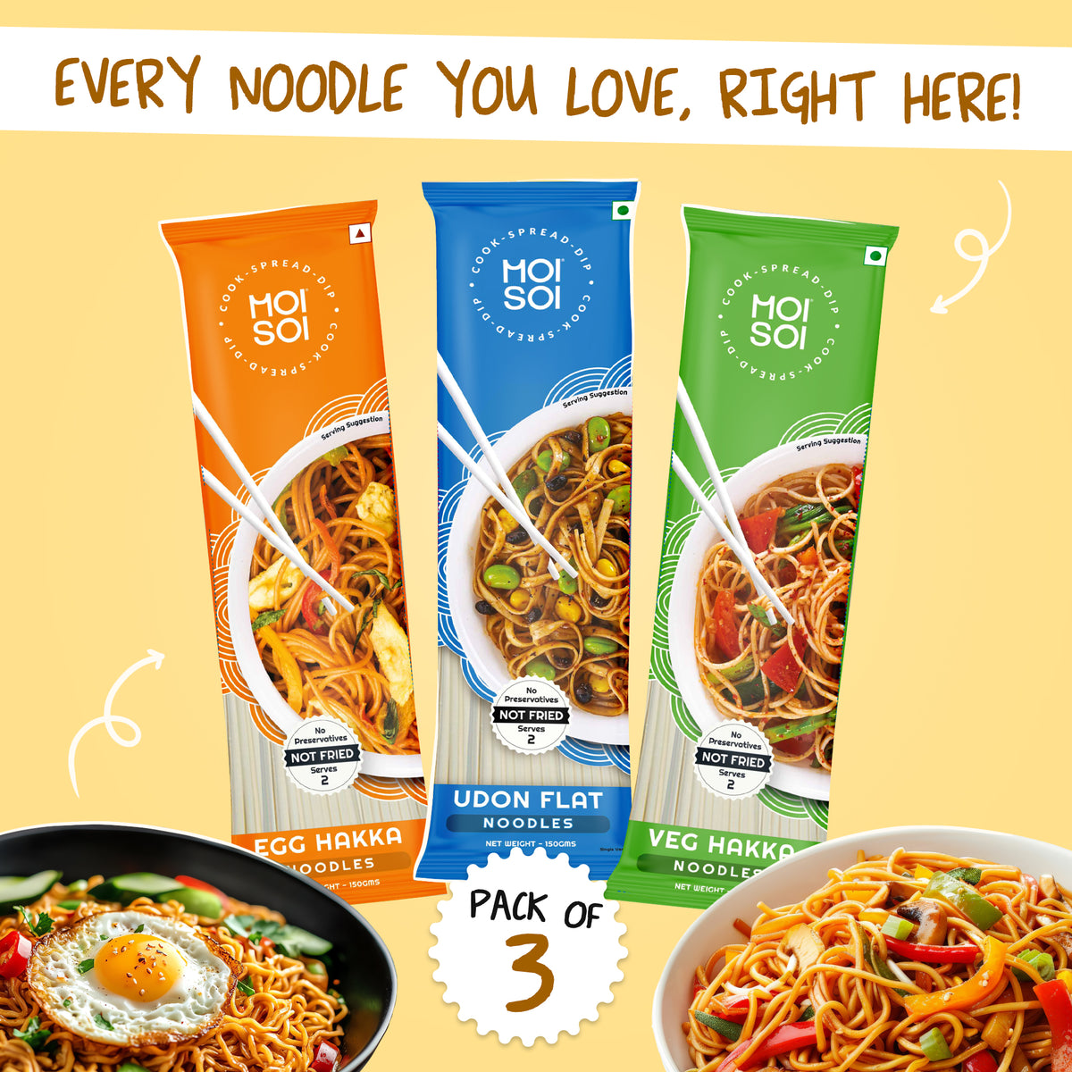 MOI SOI Noodles Value Pack of 3 - 150g Each (Veg Hakka Noodle + Egg Hakka Noodle + Udon Noodle) (No MSG | No Preservatives | 100% Real Ingredients)