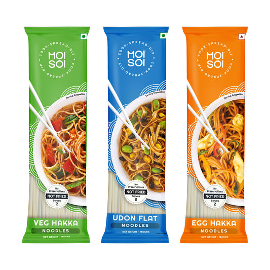 MOI SOI Noodles Value Pack of 3 - 150g Each (Veg Hakka Noodle + Egg Hakka Noodle + Udon Noodle) (No MSG | No Preservatives | 100% Real Ingredients)