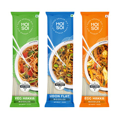 MOI SOI Noodles Value Pack of 3 - 150g Each (Veg Hakka Noodle + Egg Hakka Noodle + Udon Noodle) (No MSG | No Preservatives | 100% Real Ingredients)