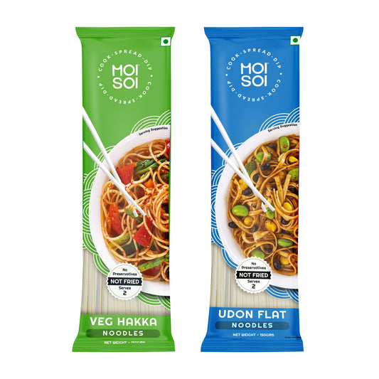 MOI SOI Noodles Value Pack of 2 - 150g Each (Veg Hakka Noodle + Udon Noodle) (No MSG | No Preservatives | 100% Real Ingredients)