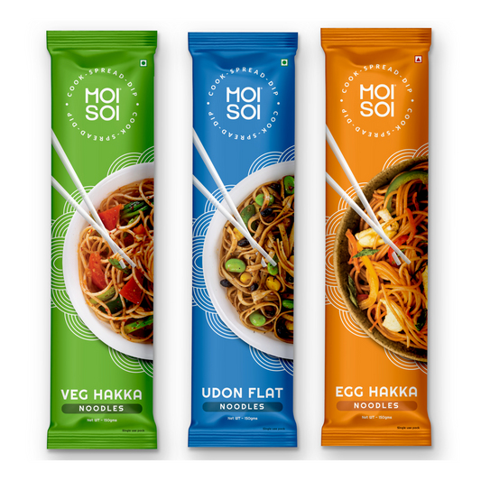 MOI SOI Noodles Value Pack of 3 - 150g Each (Veg Hakka Noodle + Egg Hakka Noodle + Udon Noodle) (No MSG | No Preservatives | 100% Real Ingredients)