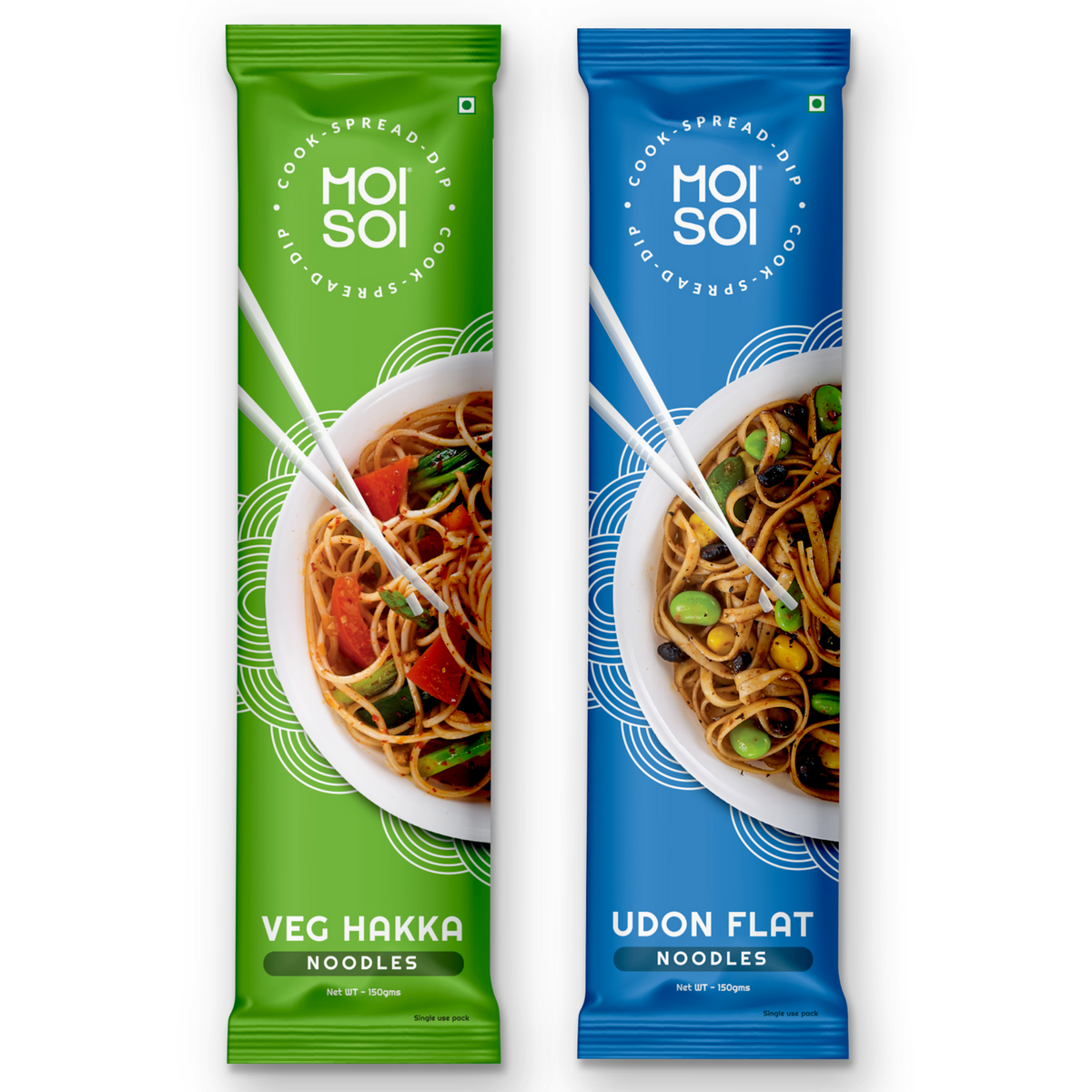 MOI SOI Noodles Value Pack of 2 - 150g Each (Veg Hakka Noodle + Udon Noodle) (No MSG | No Preservatives | 100% Real Ingredients)